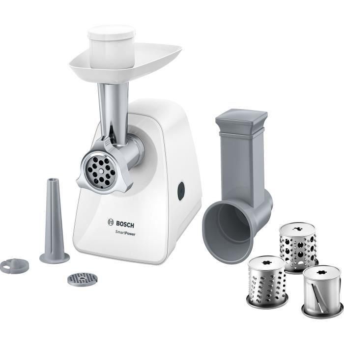 Picadora de carne - BOSCH - MFW2514W SmartPower - Blanco - motor bloqueado 1500 W - 1,7 kg/min - 2 rejillas picadora - rallador/cortador Picadora de carne - BOSCH - MFW2514W SmartPower - Blanco - motor bloqueado 1500 W - 1,7 kg/min - 2 rejillas picadora - rallador/cortador