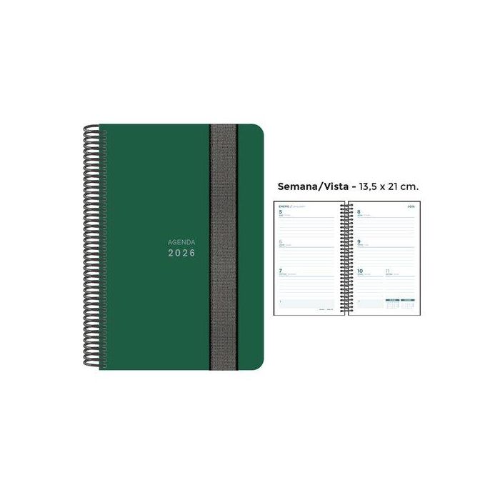 Agenda Anual (2026) Senfort Unicolor Espiral Tapa Pp Con Goma 135X210 S/V Verde Oscuro