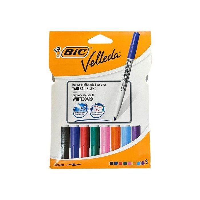 Bic Rotulador Velleda para Pizarra Blanca Punta Redonda 4.5mm Trazo 1.4mm Colores Surtidos Bolsa 8 Unidades