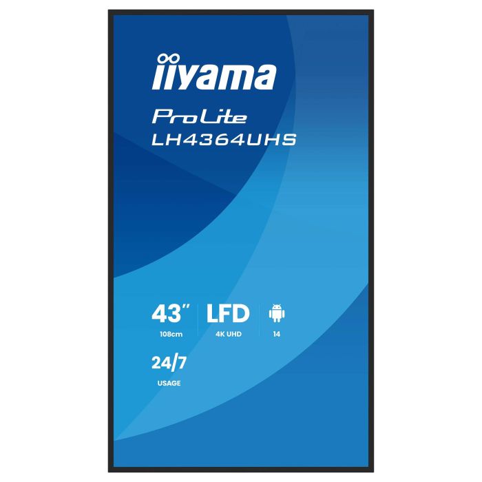 Iiyama LH4364UHS-B1AG Monitor 43" UHD 3840x2160 VA DLED 500cd/m², Android 14 OS, Operación 24/7, Incluye Soporte Pared