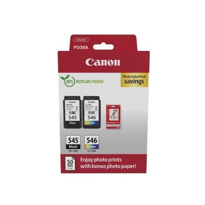 Canon Tinta Ecopack Bk+ C - M - Y + 50H Papel Fotográfico 10x15 Para Pixma Ip 2850 - Mg 2450-2550 - Tr 4550-4551 - Pg 545 + Cl 546