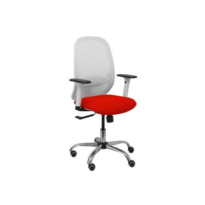 Silla Piqueras Y Crespo Cilanco Blanca Uso Intensivo Brazos Regulables Mecanismo Sincro Con Regulador De Tension Refuerzo Lumbar Regulable Base Cromada Ruedas Parquet Respaldo De Malla Blanca Y Asiento Tapizado Bali Rojo