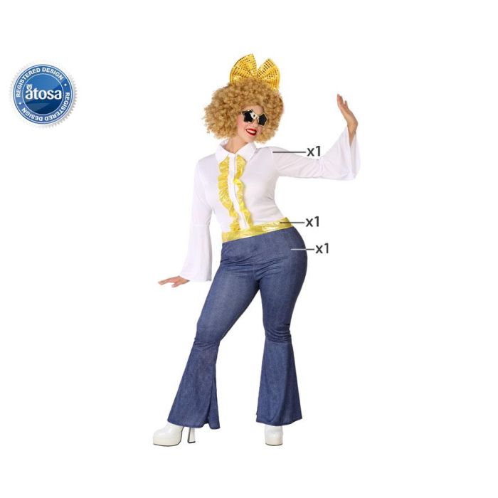 Disfraz Disco Años 70 para Mujer Adulto XL, Estilo Fever Night con Camisa, Pantalón Pata de Elefante Vaquero y Cinturón Dorado
