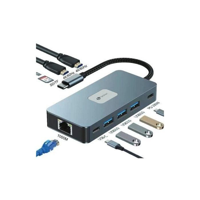 Leotec LEDS02 Docking Station USB-C 10 en 1 para Portátil con Carga PD 100W, Doble HDMI 4K, 3x USB 3.0, Gigabit Ethernet, Lector SD
