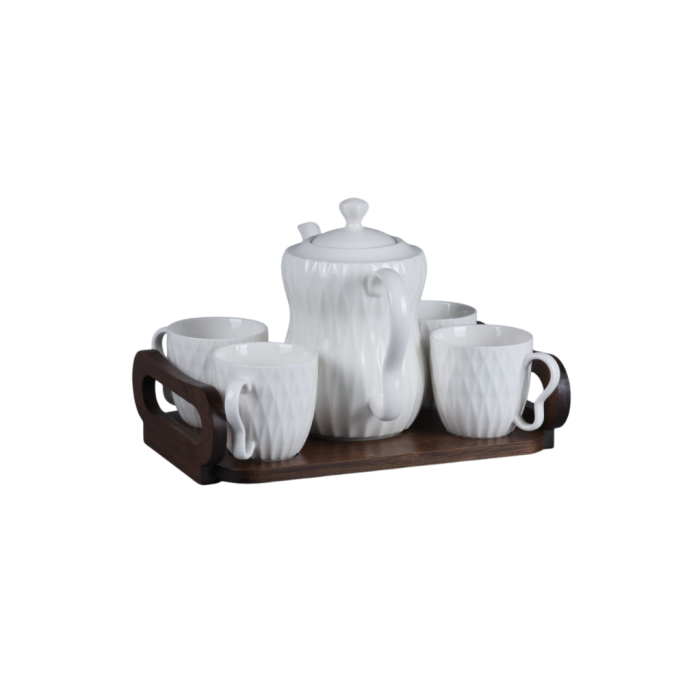 DKD Home Decor Set de 6 Piezas Pengjia 25 Tazas de Porcelana y Bambú Blanco/Marrón Oscuro 23x19x28 cm