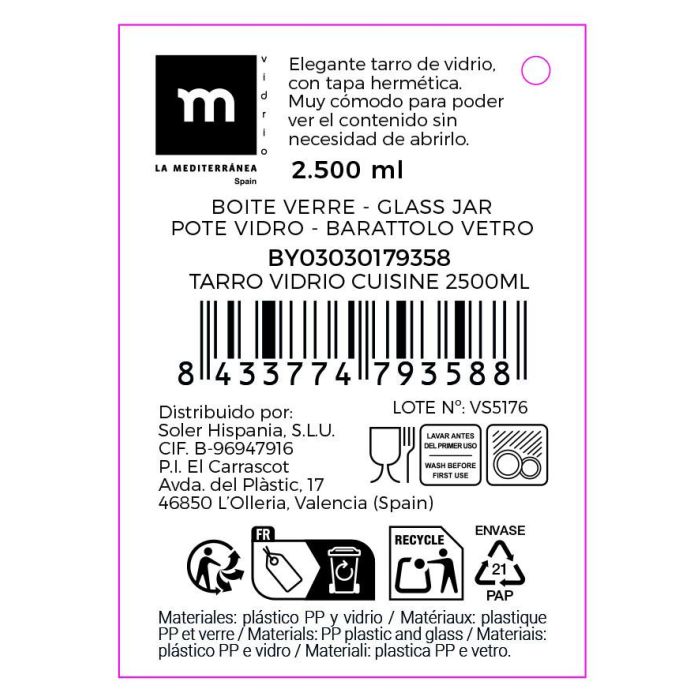 La Mediterranea Tarro Vidrio Cuisine 2500 ml (14x14x25.5 cm) 6