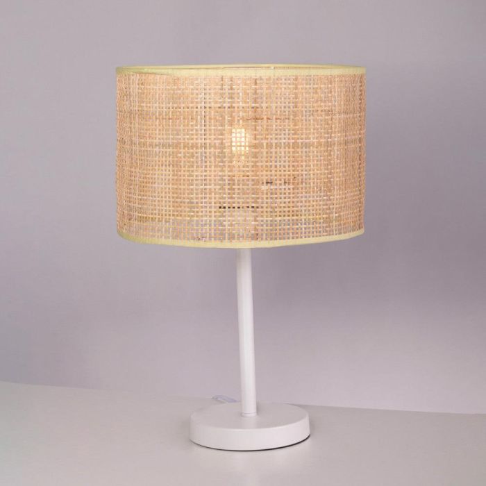 Pakdasht Lámpara de Mesa Ratán SKD-T1011 Natural Boho-Chic Metal Blanco Pantalla Ratán E27