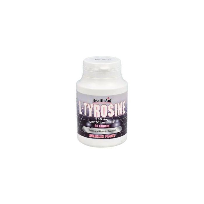Health Aid L-Tirosina 60 Comprimidos para Optimizar Ánimo, Concentración y Función Tiroidea. Con Vitamina B6. Apto para Vegetarianos.