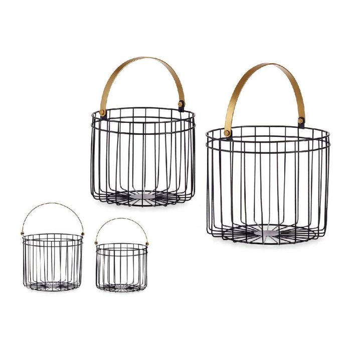 Giftdecor Set de 2 Cestas Cilíndricas Negras con Asa Dorada - Metal, 25x27x25 cm