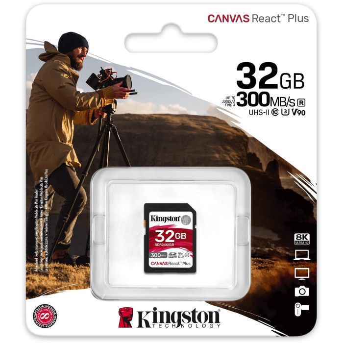 Kingston Tarjeta SDHC Canvas React Plus 32GB UHS-II U3 V90 300MB/s Lectura 260MB/s Escritura XC 2