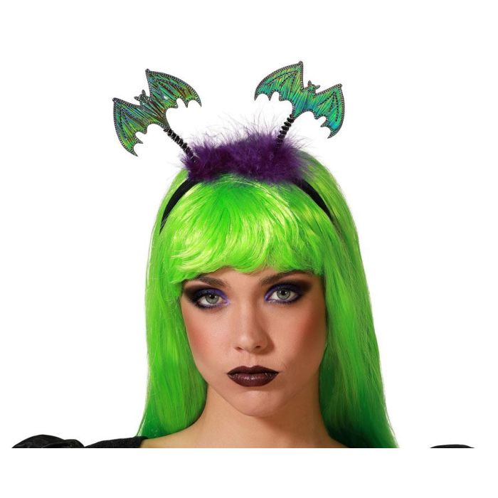 Diadema Murciélagos Halloween Mujer Adulto con Purpurina y Plumas Púrpura