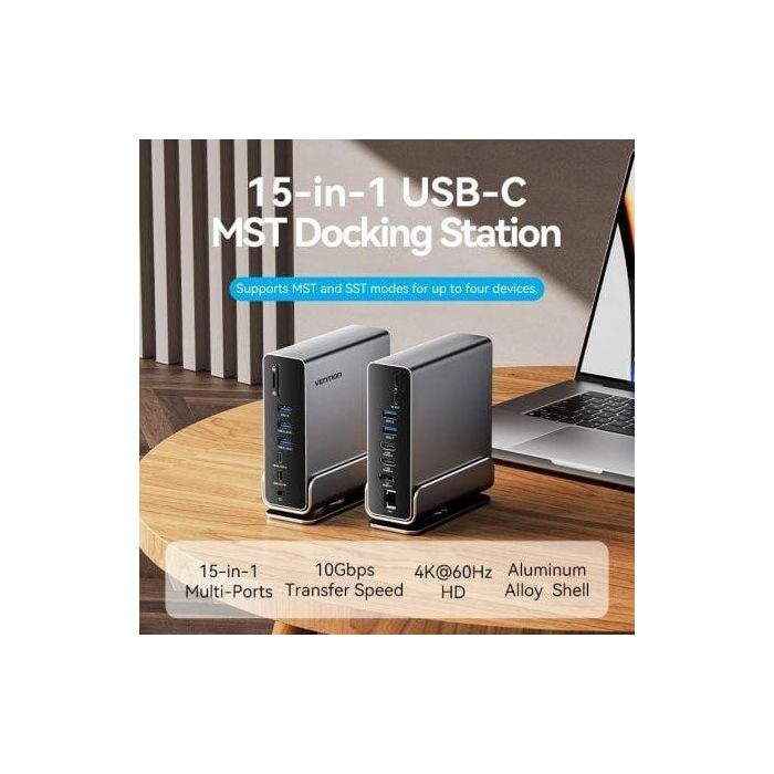 Vention TPUH0 Estación de Acoplamiento USB-C 15 en 1 con 2xHDMI 4K, DisplayPort, Gigabit Ethernet RJ45, Lector SD/TF y 100W PD Gris 1