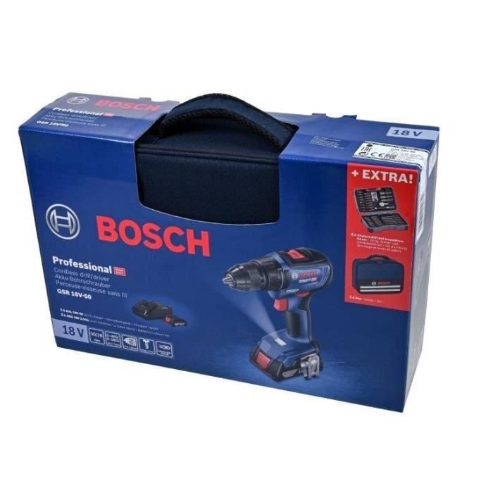 Taladro atornillador Bosch Professional GSR 18V-50 + 2 baterías 2.0Ah + Cargador GAL 18V-20 + 43 accesorios + Bolsa 1 Taladro atornillador Bosch Professional GSR 18V-50 + 2 baterías 2.0Ah + Cargador GAL 18V-20 + 43 accesorios + Bolsa 1