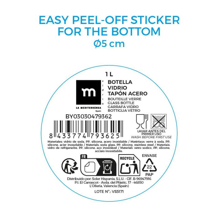 La Mediterranea Botella de Vidrio Transparente 1L, 3 Surtidos, 10x10x27.2 cm 4