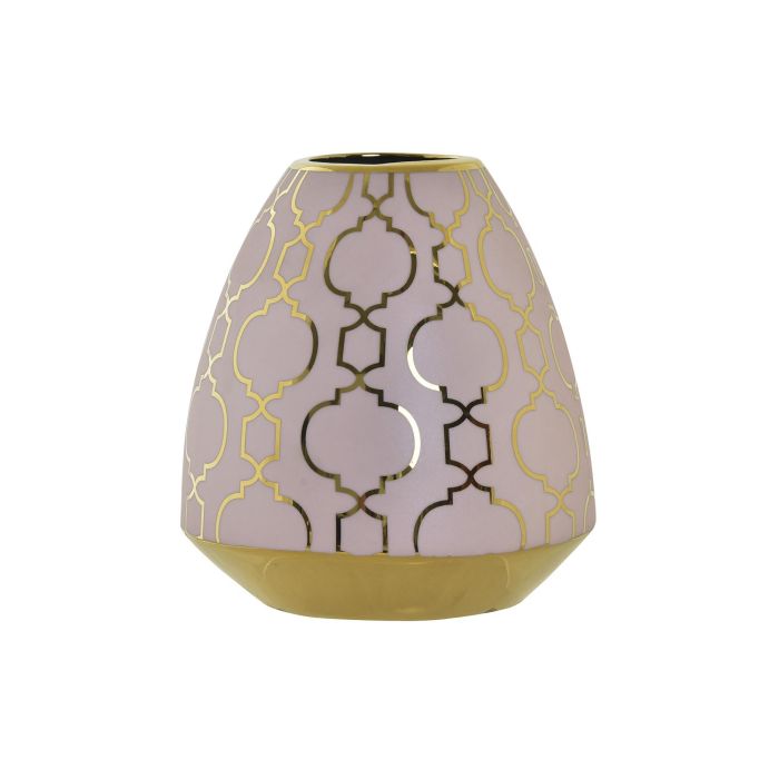 DKD Home Decor Jarrón decorativo de Porcelana estilo Oriental Rosa y Dorado, Colección Zeman, Acabado Cromado, dimensiones 16x16x18 cm