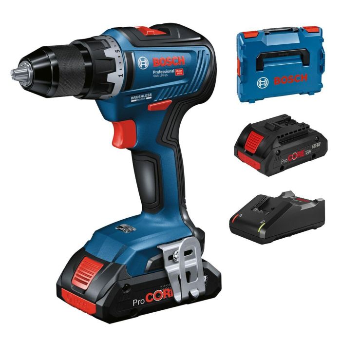 Bosch Professional GSR 18V-55 Taladro Atornillador Inalámbrico Motor Sin Escobillas 18V 55 Nm con 2 Baterías 4.0Ah ProCORE y L-BOXX 10 Bosch Professional GSR 18V-55 Taladro Atornillador Inalámbrico Motor Sin Escobillas 18V 55 Nm con 2 Baterías 4.0Ah ProCORE y L-BOXX 10