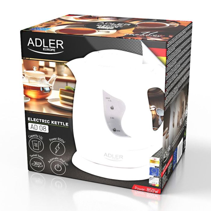 Adler Hervidor de agua AD 08, 1 L, 850 W, Blanco, Apagado Automático, Filtro Cal 1