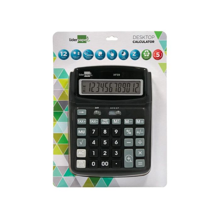 Calculadora Liderpapel Sobremesa Xf39 12 Digitos Solar Y Pilas Color Negro 190x140x32 mm 40% Reciclada 1