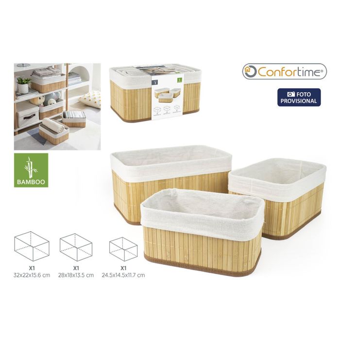 Confortime Set 3 Cestas de Almacenamiento Bambú Natural - Cesta Grande 32x22x15.5 cm (8 Unidades)