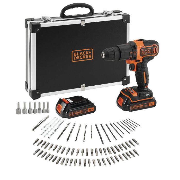 Black+Decker Kit Taladro Percutor 18V con 2 Baterías 1.5Ah Litio, Cargador, 80 Accesorios y Maletín