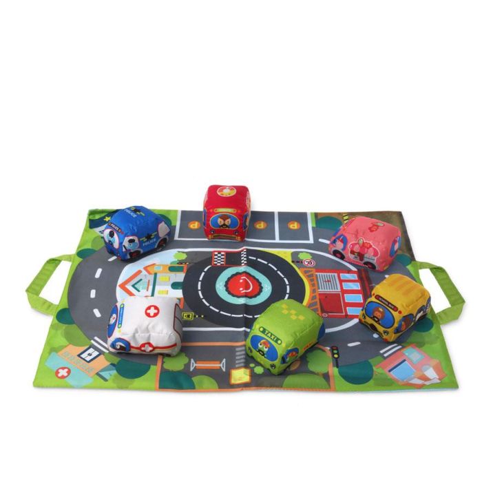 KioKids Circuito de Coches Manta de Actividades Textil con 6 Vehículos Blanditos Convertible en Bolsa Portátil Multicolor +12 meses 2