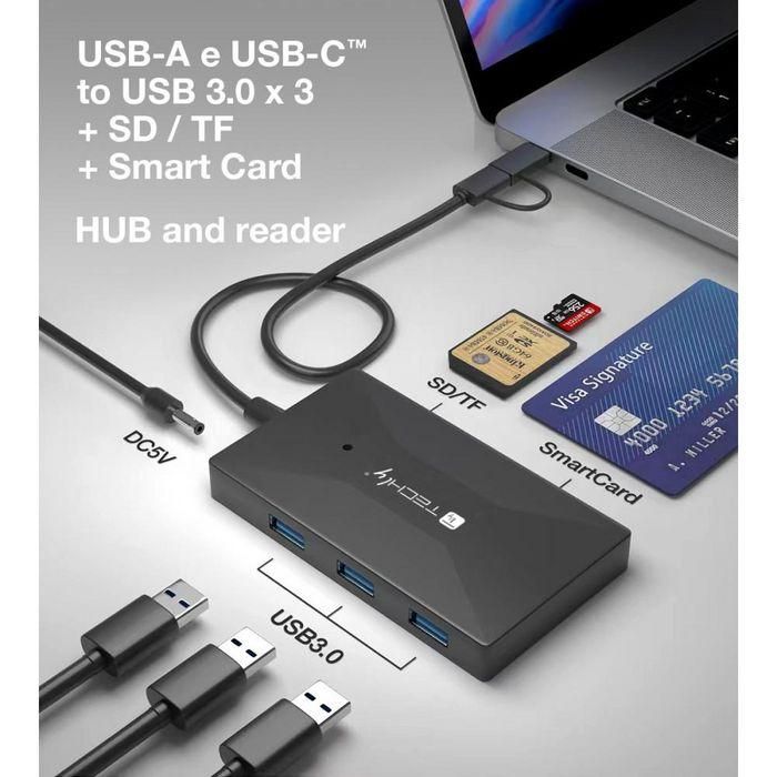 Techly Lector de Tarjetas y Hub USB A/C 3