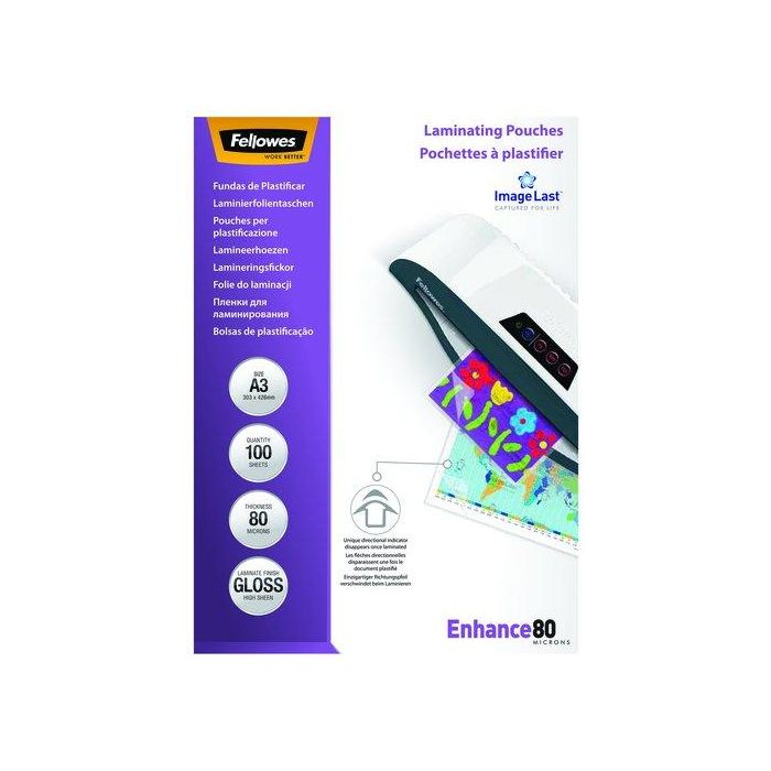 Fellowes Fundas de Plastificar 80 Micras A3 Brillo Pack 100 Unidades