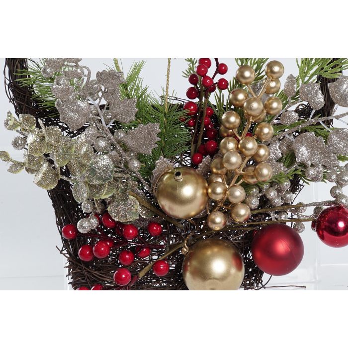 DKD Home Decor Decoración Pared Navidad Moderna con Cesta Muérdago de PVC y Ratán Colores Rojo Dorado 40x30x10 cm 1