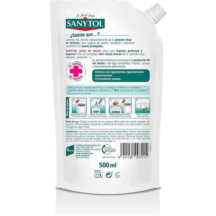Sanytol Jabón de Manos Antibacteriano Cocina Recambio Eco Pack 500 ml Sanytol Jabón de Manos Antibacteriano Cocina Recambio Eco Pack 500 ml