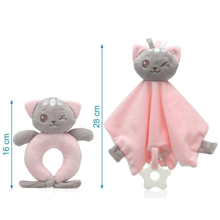 KioKids Set Doudou y Sonajero Gatito Rosa Suave, para Bebé +0 Meses con Mordedor y Sonidos, ayuda a conciliar el sueño 3