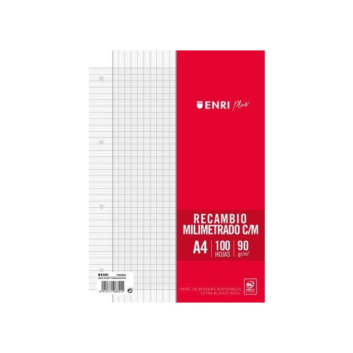 Enri Recambio Plus 100H A4 90 gr Milimetrado C-Margen 4 Taladros Blanco