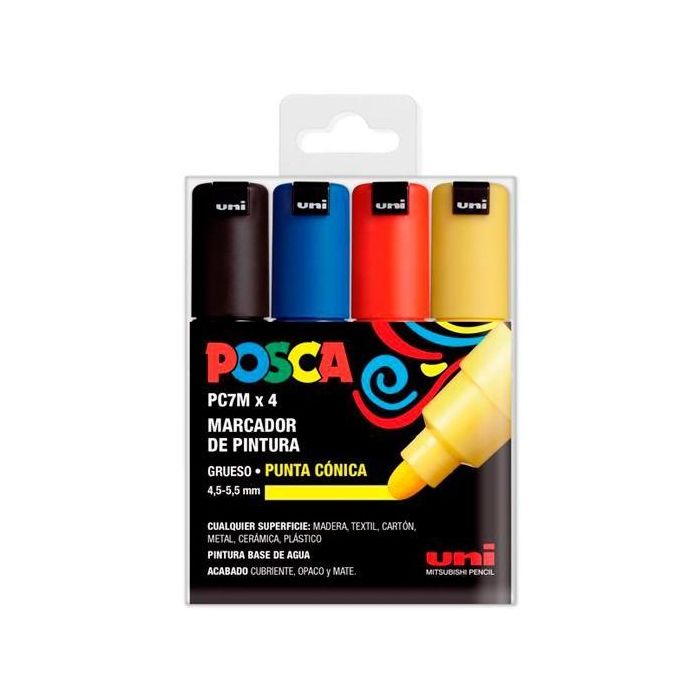 POSCA Marcador PC-7M-4C No Permanente, Punta Biselada 4.5-5.5 mm, Tinta Base Agua, Colores Surtidos Basic - Estuche 4U