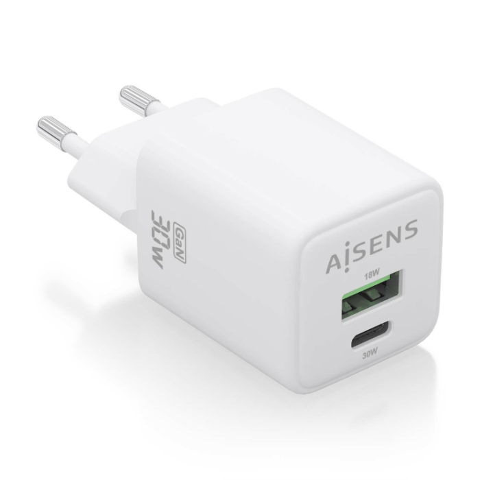 Cargador de Pared GaN Aisens ASCH-30W2P037-W/ 1xUSB Tipo-C/ 1xUSB/ 30W Cargador de Pared GaN Aisens ASCH-30W2P037-W/ 1xUSB Tipo-C/ 1xUSB/ 30W