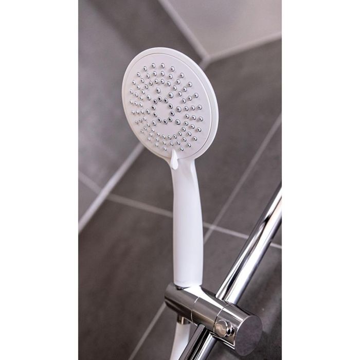 Wenko Mango de ducha Young 11cm Blanco 23942100 Cabezal de ducha con 5 funciones, fácil limpieza de cal, conexión universal ½" 2