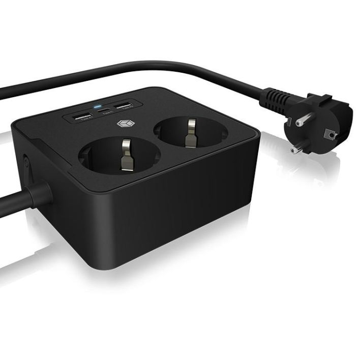 ICY BOX Regleta de Enchufe Doble con 2 Puertos USB Color Negro