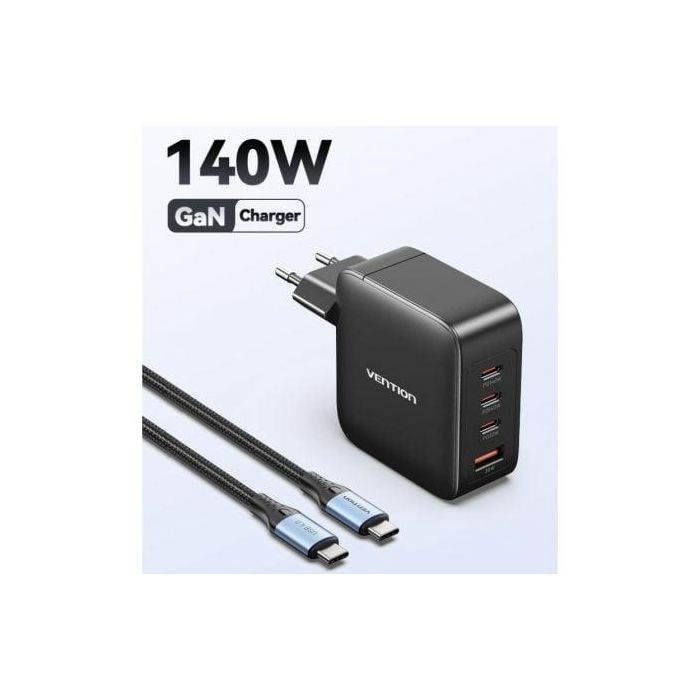 Vention FEIB0-EU Kit Carga Pared GaN 140W con 4 Puertos (3 USB-C, 1 USB-A) Carga Rápida Múltiple + Cable USB-C Negro 4 Vention FEIB0-EU Kit Carga Pared GaN 140W con 4 Puertos (3 USB-C, 1 USB-A) Carga Rápida Múltiple + Cable USB-C Negro 4