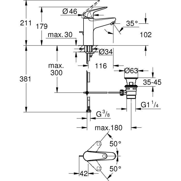 Mezclador monomando de lavabo - GROHE Swift - 24328001 - Cromo - Talla M - Apertura para agua fría - Ahorro de agua - Extraíble y desagüe 3