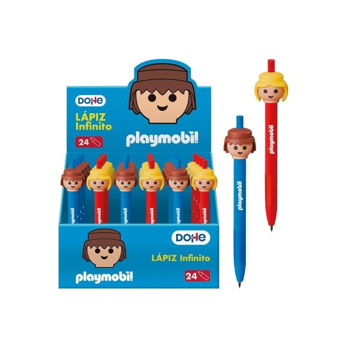 Dohe Lápiz Infinito con Cuerpo de Plástico y Grip de Caucho - Mina Resistente, Sin Polvo, Fácil de Borrar - Motivos PLAYMOBIL - Expositor 24 Ud
