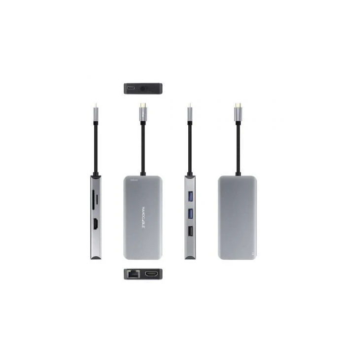 Nano Cable 10.16.1009 Docking Station USB-C 9 en 1 con 3xUSB, 2xHDMI 4K, 1xRJ45, Lector Tarjetas SD/TF, USB-C PD 100W - Gris