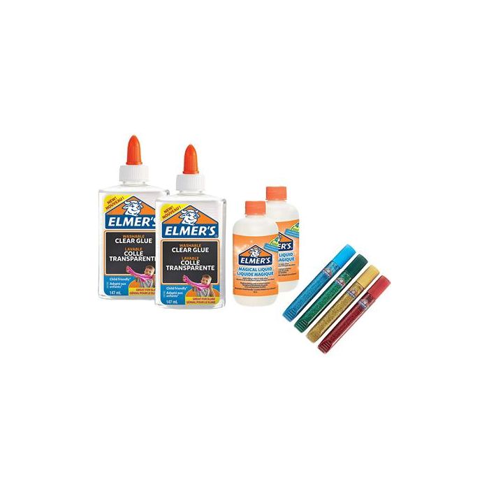 Kit Elmers Fabricacion Slime Con 2 Botes Cola Transparente + 2 Botes Liquido Magico + 4 Botes Purpurina Colores