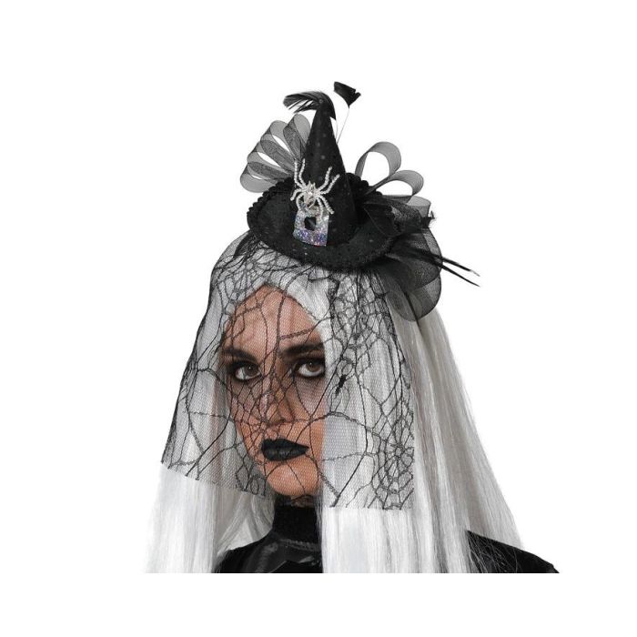 Diadema De Bruja Negro Brillante Con Velo Telaraña - Ideal para Halloween y Eventos Góticos