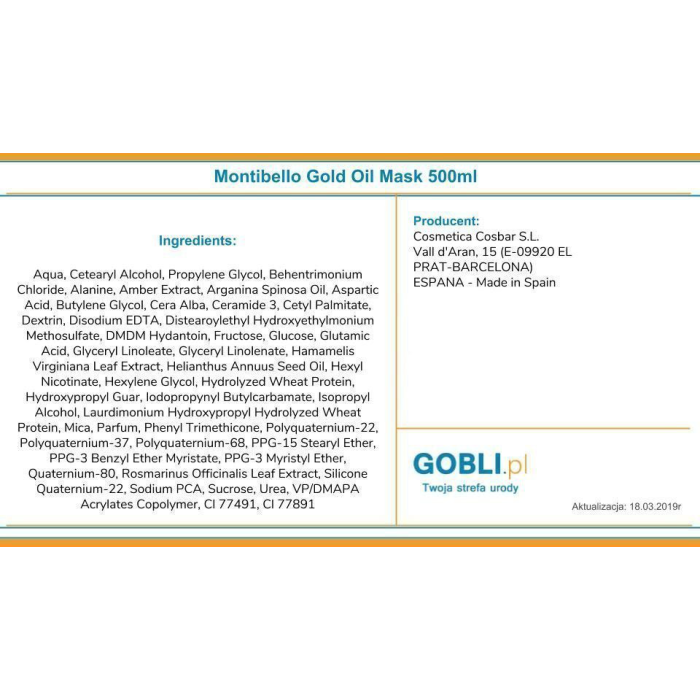 Montibello Gold Oil Mask 500 mL 1 Montibello Gold Oil Mask 500 mL 1