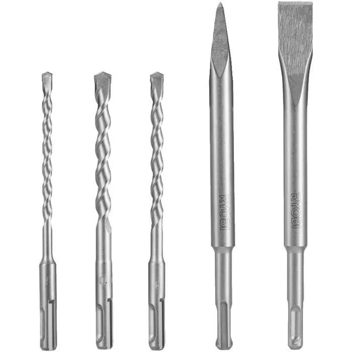 Ryobi RAKSP05 Kit de 3 Bits (6 mm, 8 mm, 10 mm) y 2 Cinceles SDS+ (1 Punta, 1 Plano) 1