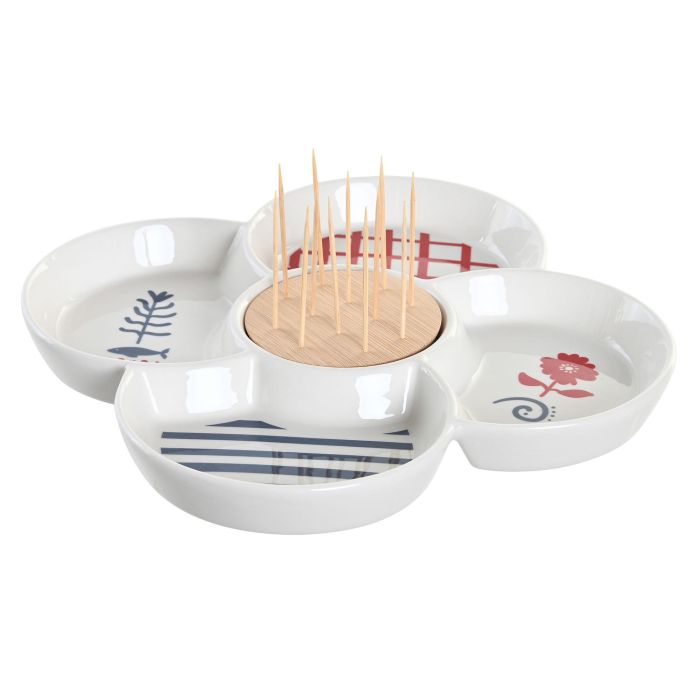 DKD Home Decor Plato Aperitivo Casita Mediterránea Azul, Rojo y Blanco de Gres y Bambú 22x22x7 cm Apto Lavavajillas