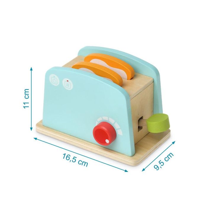 KioKids Juguete Tostadora de Madera Azul | Set de Desayuno de Imitación con Huevo, Mantequilla, Mermelada y Tostadas | Niños +3 Años 3
