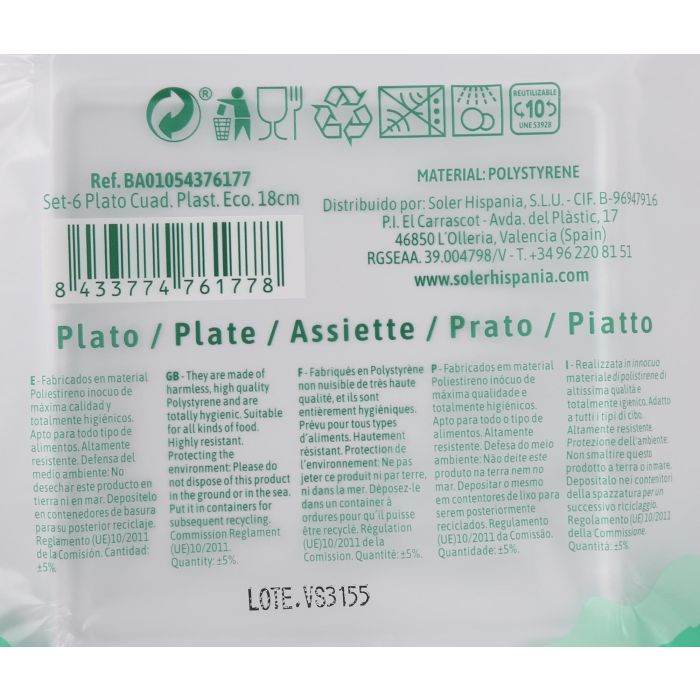 Algon Set de 6 Platos Cuadrados de Plástico Ecológico, 18 cm (36 Unidades) 5