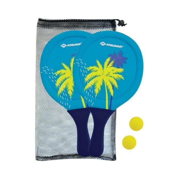 SCHILDKROT AUC1695914032952 Raquetas Beachball Neopreno Amarillo/Azul Estampado Verde con 2 Pelotas Ø40mm, Bolsa Malla Resellable