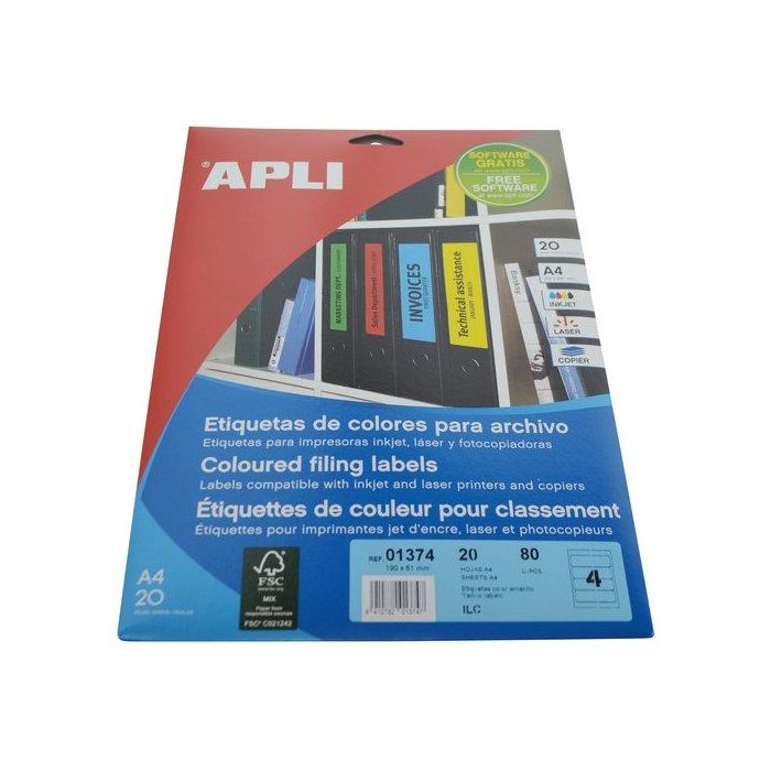Etiquetas Adh.Impr.Apli A4 Para Archivo C.Romos Blister 20H Col.Amarillo 190X61 Mm 80 Uds.(01374)