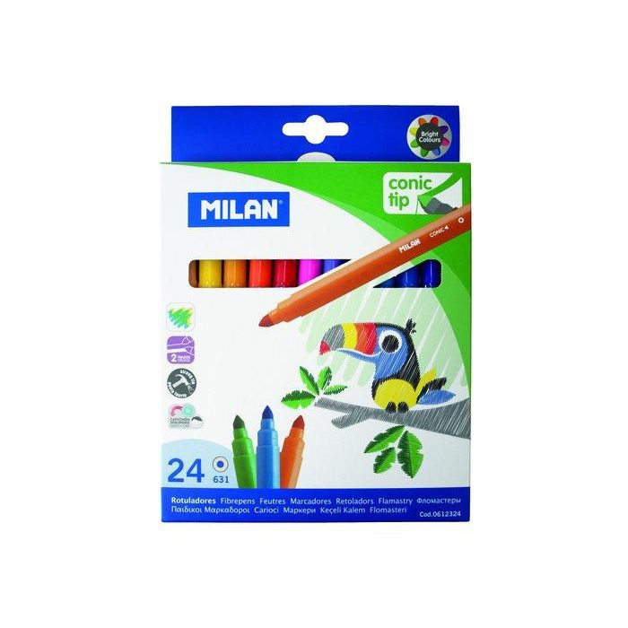 Milan Rotuladores base agua punta cónica Ø5 mm, 24 colores surtidos, 24 uds