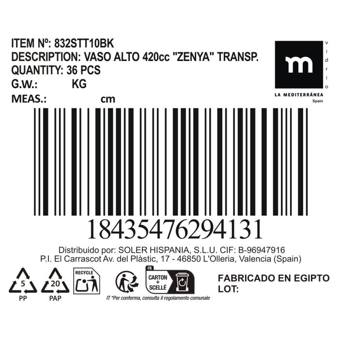La Mediterranea Vaso Alto Zenya 420 ml Transparente, 7,5 cm diámetro x 13,5 cm alto (24 Unidades) 3